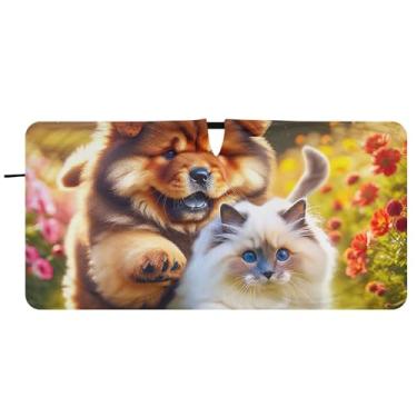 Imagem de Bonito Ragdoll Chow Chow Dog Protetor solar personalizado para para-brisa de carro Impressão dobrável Protetor solar automotivo 81 x 157 cm