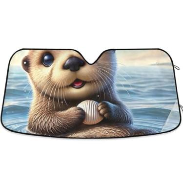 Imagem de Toldo de sol de carro com estampa de animal de lontra engraçado, personalizado, dobrável, para janelas dianteiras, floral, retrátil L, 144,8 cm x 80 cm