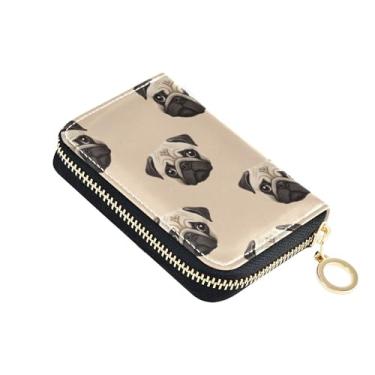 Imagem de Carteira feminina Scan Proof de couro, 9 compartimentos para cartão de crédito e 2 compartimentos para dinheiro, cachorro pug fofo, bege, com zíper e bolsa para moedas