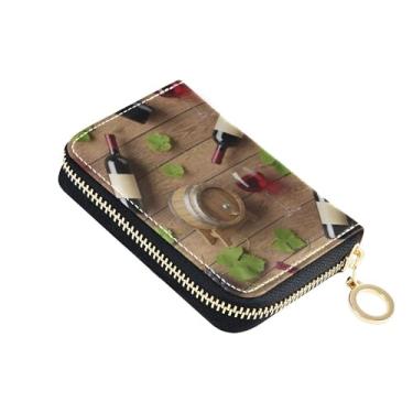 Imagem de Carteira feminina de couro com porta-cartões com bloqueio de RFID, pequena bolsa de moedas com chaveiro, garrafas de vinho, balde de uvas, verde