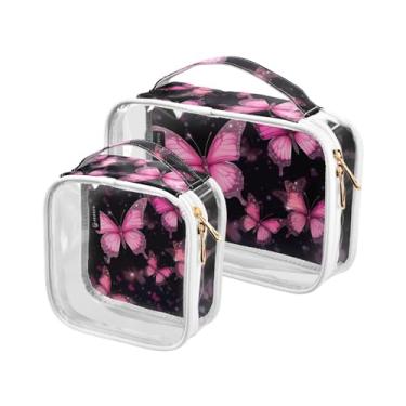 Imagem de GAIGEO Conjunto de sacolas de higiene pessoal transparentes de Natal com estrelas e árvores, bolsa transparente com zíper, bolsas de acessórios de viagem, pacote com 2, Borboletas rosa em preto-4, one