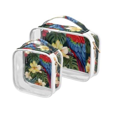 Imagem de GAIGEO Merry Christmas com sinos e bolachas conjunto de bolsas de cosméticos transparentes, bolsa de zíper transparente, bolsas de acessórios de viagem, pacote com 2, Araras e pássaros flores