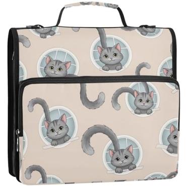Imagem de Gatos cinzentos fofos 3 fichários anel D 1,5 polegada D organizador fichário pasta de fichário escolar com alça de ombro pasta de armazenamento de negócios com alça, 34,5 x 31,5 x 9 cm
