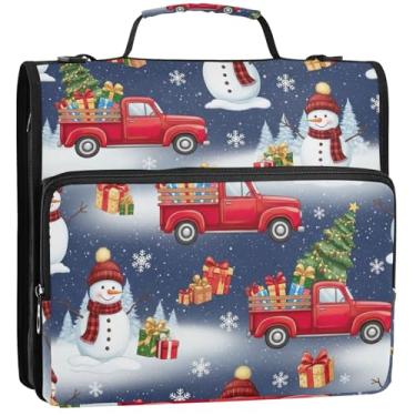 Imagem de Organizador de fichário com zíper de boneco de neve de caminhão de Natal, 3,5 polegadas, 3 anéis, bolsa de fichário escolar resistente com alça de ombro, pasta de armazenamento com alça, 34,5 x 31,5 x
