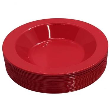 Imagem de Pratos Fundos Redondos de Plástico para refeições 22 cm x4 cm para Casa, Apartamento ou Kitnet, Perfeito para Churrasco e Festas (Vermelho,10 Pratos)