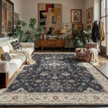 Imagem de PureCozy Tapete de área, 20 x 25 cm, lavável, vintage, preto, sala de estar, antiderrapante, quarto, pilha baixa, fina, grande, para sala de jantar, tapete resistente a manchas, escritório