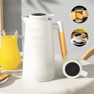 Imagem de Garrafa Térmica de água, 1 Litro Garrafa Térmica Com Termômetro Led Para Chás/Café Design Moderno Cabo Em Madeira(Branco(Des))