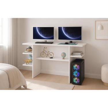 Imagem de Escrivaninha para Computador Gamer Multiuso com Nichos – Mesa Branca e Preta para Quarto, Estudo e Escritório(BRANCO)
