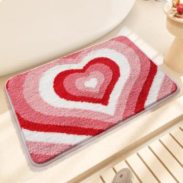 Imagem de Tapete de banho fofo de coração, tapete de banheiro feminino vermelho rosa quente, fofo e macio, antiderrapante, altamente absorvente, fácil de limpar, lavável na máquina para banheira, tapete de