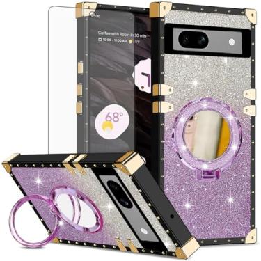 Imagem de Asuwish Capa de celular para Google Pixel 7A 5G 2023 capa magnética com protetor de tela de vidro temperado e espelho brilhante brilhante anel resistente à prova de choque suporte rígido Pixel7A A7