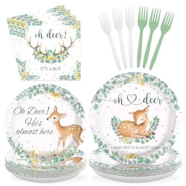 Imagem de Greencian Conjunto de utensílios de mesa com 96 peças Oh Deer He's Almost Here chá de bebê chá de bebê pratos e guardanapos verdes animais da floresta para meninos animais chá de bebê revelar