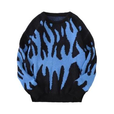 Imagem de Suéter Masculino Casual De Tricô Com Gola Redonda, Estampa De Fogo E D