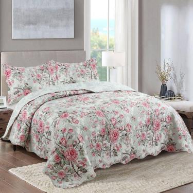 Imagem de Kit Cobre Leito Colcha Mix Queen Estampado Dupla Face Floral 3 Peças - Stella - Cinza