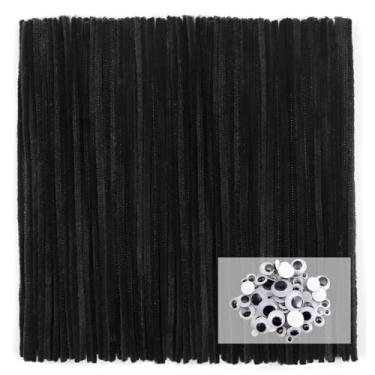 Imagem de TOAOB 100 peças de limpadores de cachimbo preto hastes de chenille suprimentos de artesanato 6 mm x 12 polegadas palitos difusos com olhos arregalados para arte DIY artesanato decorações