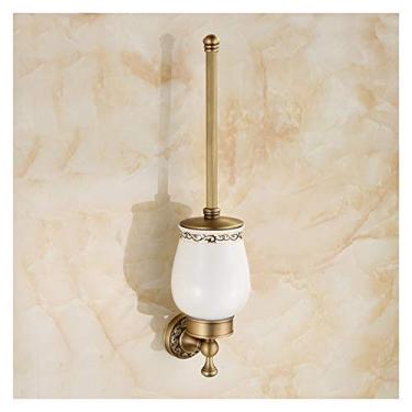 Imagem de Escova de vaso sanitário retrô suporte de escova de vaso sanitário copo de cerâmica suporte de escova de latão cabeça de escova redonda limpeza completa conjunto de escova de vaso sanitário escova de