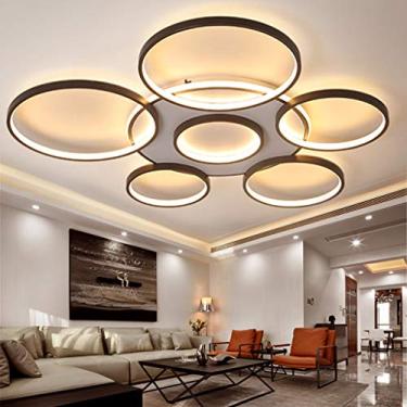 Imagem de Luminária de teto moderna de LED, grande, para sala de estar, com regulagem de intensidade e controle remoto. Possui cúpula de metal e acrílico, design com 7 anéis, ideal para quarto, sala d