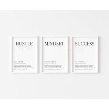 Imagem de 3 peças de arte de parede com citação inspiradora, pôsteres Hu-st-le definição, pintura em tela, arte para academia, casa, escritório, quarto, decoração com moldura interna