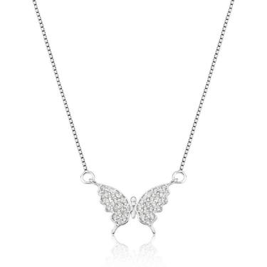 Imagem de Colar Gargantilha Prata 925 Borboleta Pingente Zircônia 24P