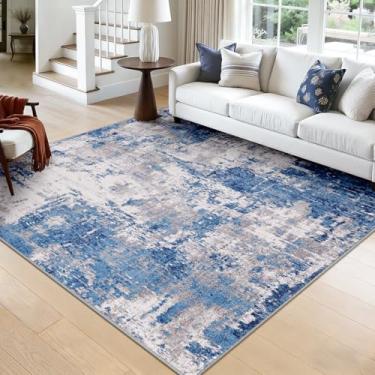 Imagem de RELEANY Tapetes laváveis, quadrados, 2,4 m, antiderrapantes, modernos, abstratos, macios para sala de estar, entrada, quarto, berçário, padrão estampado, azul, cinza, azul-marinho