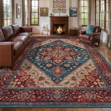 Imagem de Tangsoo Tapete vintage vermelho azul 20 x 25 lavável para entrada, antiderrapante, pequeno, azul escuro laranja tapete para porta da frente interna