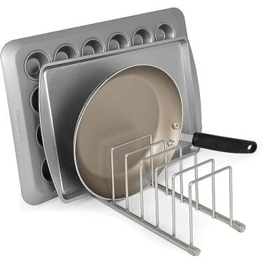 Imagem de Escorredor de pratos organizador de cozinha, suporte de pratos para tampas, tábuas de corte, prateleiras de resfriamento de assadeiras, panelas e frigideiras, armazenamento compacto de cozinha, economize espaço com o organizador de armário (níquel acetinado)