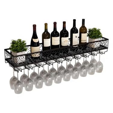 Imagem de Rack de vinho industrial montado na parede - Prateleira de bar flutuante com suporte de vidro, exibição de garrafa de licor que economiza espaço, solução simples de armazenamento de vinho, preta (150