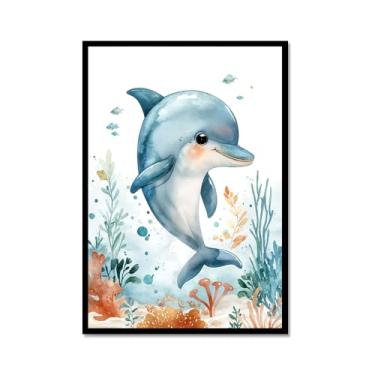 Imagem de Impressão de berçário de animais oceânicos desenho animado tartaruga marinha baleia pôster aquarela animais marinhos pintura em tela decoração de parede quarto infantil (SKU2,16x24") = (40 x 60 cm
