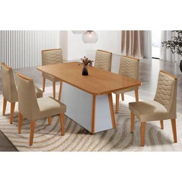 Imagem de Mesa Cozinha Tilia c/ Tampo Madeirado Canto Curvo 180x90cm e 6 Cadeiras Maldivas Madeira Maciça Naturale/Off White - Capuccino/Linho Bege-Rufato