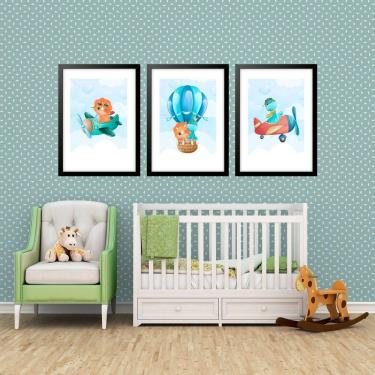 Imagem de Kit 3 Quadros Grandes Quarto Infantil Esquadrilha Dino