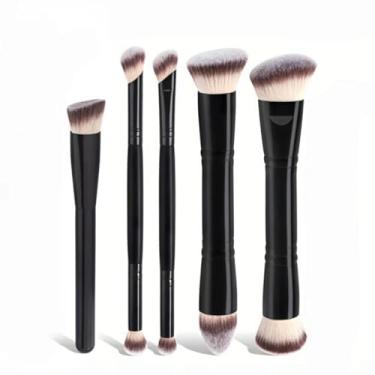 Imagem de Conjunto de pincéis de maquiagem facial profissional com ponta dupla, contorno, pó, sombra, corretivo e pincel de destaque (preto e marrom)