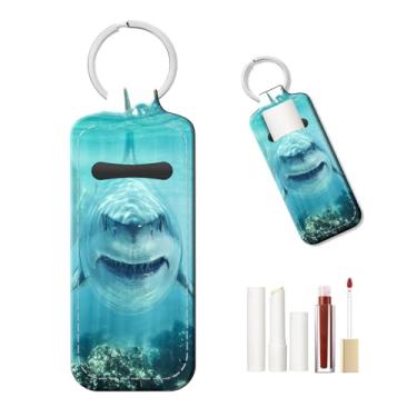 Imagem de PLKTJOSA Chaveiro de protetor labial personalizado, capa de couro reutilizável - ideia de presente de Natal (tubarão)