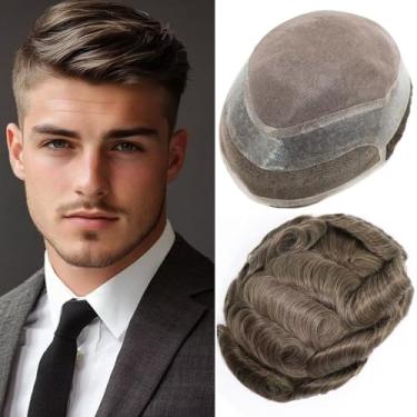 Imagem de Toupee masculina peruca para homens renda suíça fina mono HD com PU em torno do sistema de substituição de cabelo humano linha do cabelo natural 15 x 23 cm densidade média leve homem protesis capilar