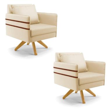 Imagem de Kit 02 Poltronas Giratória Corino Bege Base De Madeira Ma30