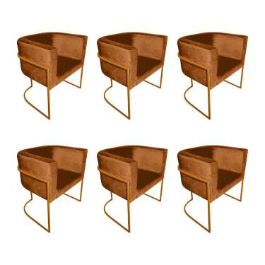 Imagem de Kit 6 Cadeiras De Jantar Premium Base De Ferro Cobre Veludo Terracota Laranja