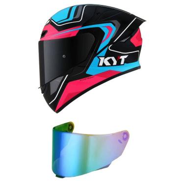 Imagem de Capacete KYT TT Course Overtech Azul e Rosa Mais Viseira Camaleão