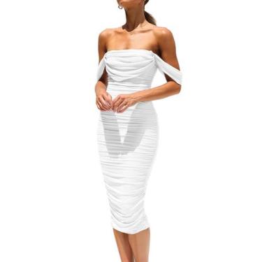 Imagem de Vestido PRETTYGARDEN Ombro a Ombro Bodycon Franzido Branco P