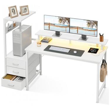 Imagem de Mesa Gamer Reversível AODK 150 cm Fibra de Carbono Branco com Luzes LED, Tomadas USB, 3 Gavetas de Tecido e Suporte para Monitor,