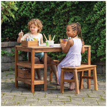 Imagem de Conjunto de mesa externa infantil Martha Stewart Kids Outdoor Craft Table com 2 bancos em madeira acácia 91cm