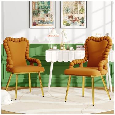 Imagem de Cadeiras de jantar TesNus kit com 2 cadeiras estofadas em veludo laranja âmbar, braços tipo bubble e pés metálicos dourados