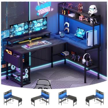 Imagem de Mesa Gamer em L Aheaplus Carvalho Cinza com Tomadas Elétricas, Luzes LED, Suporte para Monitor e Prateleiras, 49 polegadas (124 cm)