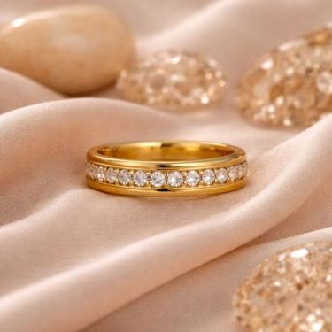 Imagem de Anel Aparador Dourado Zircônias Borda Diamantada em Aço Inox Tamanho:1