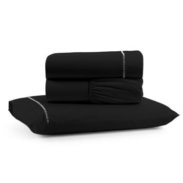 Imagem de Jogo De Lençol Solteiro Premium Soft 600 Fios Micropercal Preto Ponto Palito Toque Macio 3 Peças
