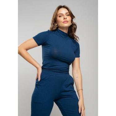 Imagem de Blusa Gola Alta Manga Curta Malha Azul Salvatore Fashion, Azul, M