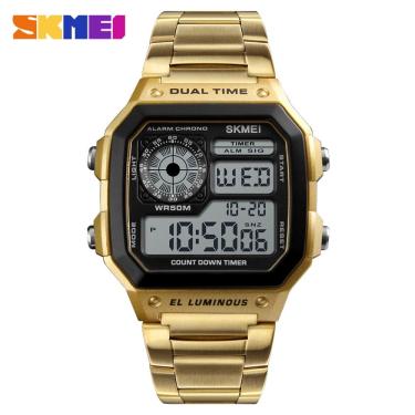 Imagem de Relógio de pulso digital Skmei 1335 com corria de aço inoxidável cor dourado - fondo preto