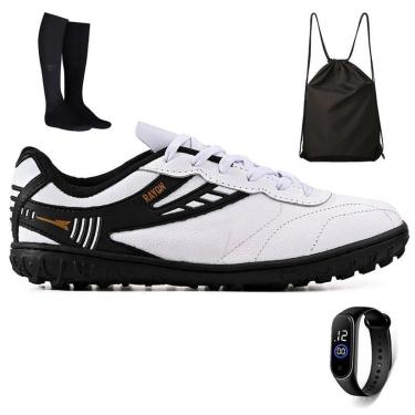 Imagem de Chuteira Futebol Society Couro Grama Sintetica + Mochila + Meião + Relogio Adulto-Unissex