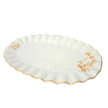 Imagem de Travessa Rasa Oval Borda Ondulada Ouro para Servir em Cerâmica Versátil para Mesa Posta Branco Scala
