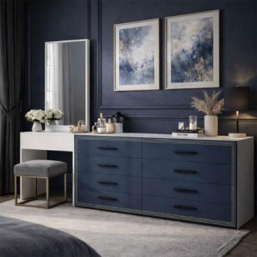 Imagem de Cômoda Valência 8 Gavetas com Espelho Azul/Branco - Politorno, Azul Cl