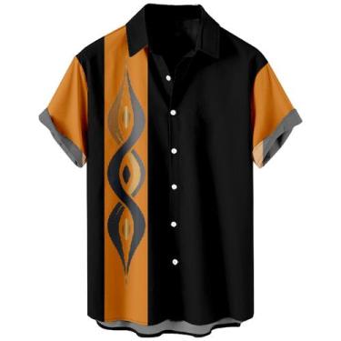 Imagem de Camisa de boliche Domirica preta com listra laranja para homens 4XL