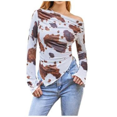 Imagem de Camiseta feminina WDIRARA com estampa de vaca de um ombro Y2k Brown S