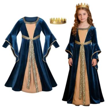 Imagem de AGCOAH Fantasia de princesa medieval para meninas, vestido renascentista, fantasia de fada de aurora, 2 peças (veludo azul-G-8-10 anos)